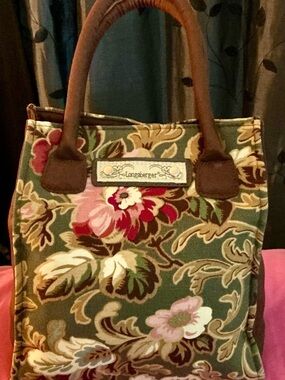 Longaberger Floral Canvas Tote in Green, Pink and Red with Brown Handles